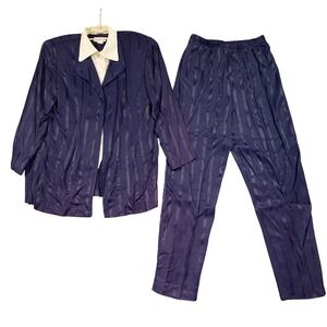 Michael Blair Pant Suit Women 14 Navy Vintage 2pc Stripe Tunic Jacket Set 80s